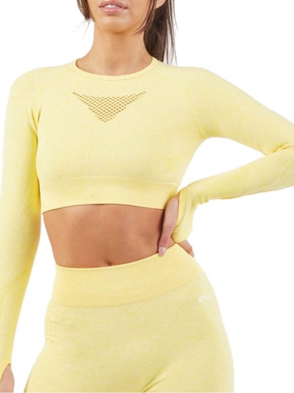 AYBL Seamless Long Sleeve Crop Top Yellow Open Back Thumbhole Gym Top Small